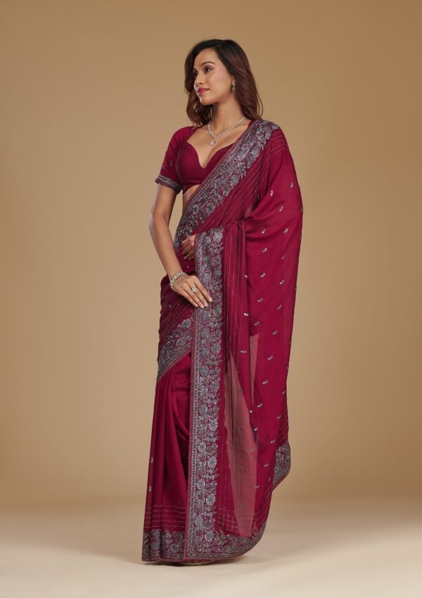 Elegant Wine Zariwork Georgette Saree - Image 3
