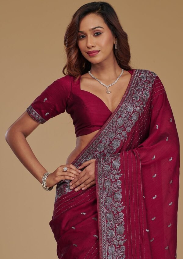 Elegant Wine Zariwork Georgette Saree - Image 6