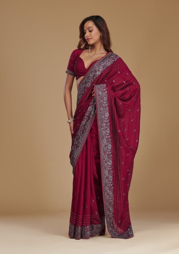 Elegant Wine Zariwork Georgette Saree - Image 4
