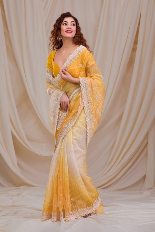 Vibrant Yellow Ombre Net Saree for Effortless Elegance