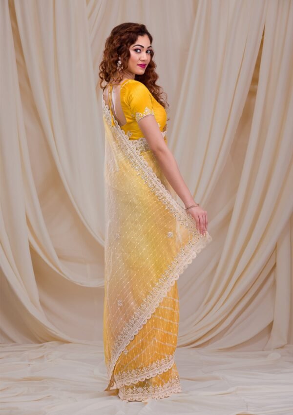 Vibrant Yellow Ombre Net Saree – A Stunning Blend of Elegance! - Image 2