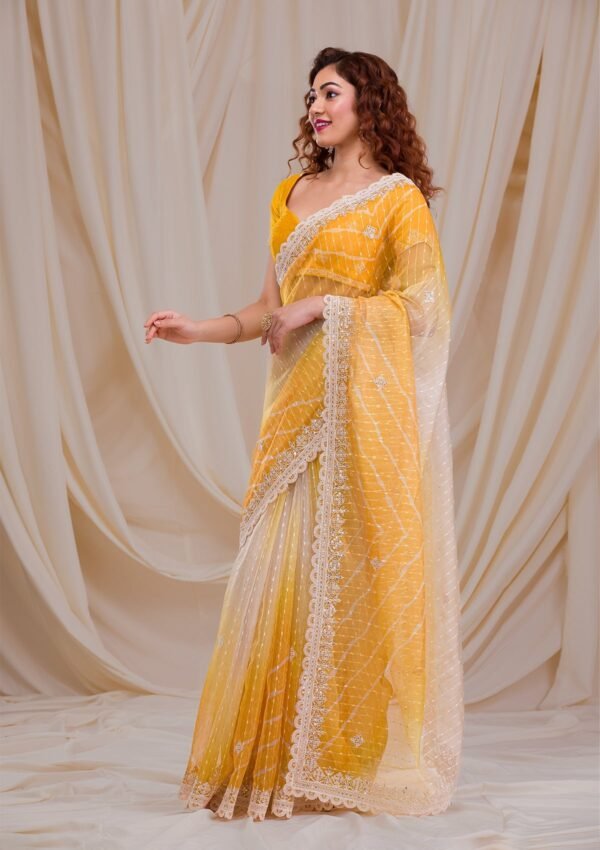 Vibrant Yellow Ombre Net Saree – A Stunning Blend of Elegance! - Image 4