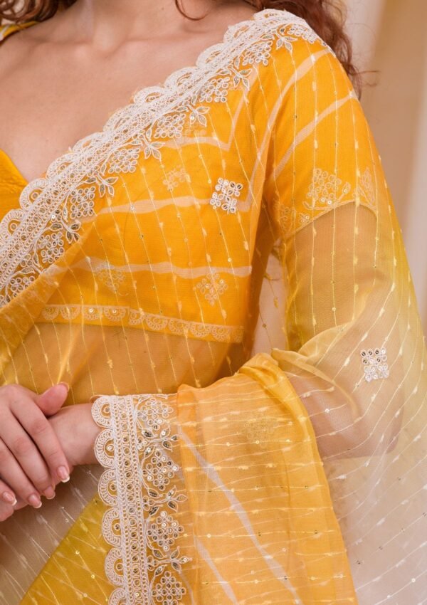 Vibrant Yellow Ombre Net Saree – A Stunning Blend of Elegance! - Image 7