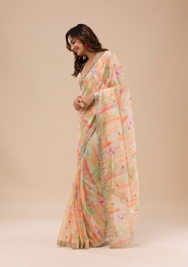 Vibrant Yellow Printed Organza Saree - Image 3