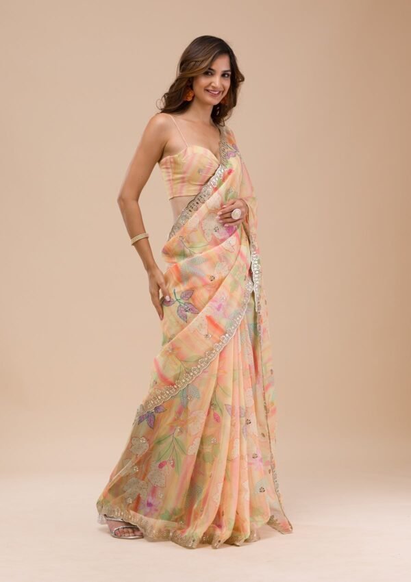 Vibrant Yellow Printed Organza Saree - Image 4