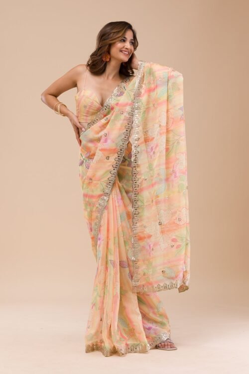 Vibrant Yellow Printed Organza Saree