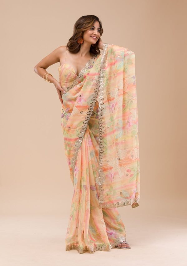 Vibrant Yellow Printed Organza Saree