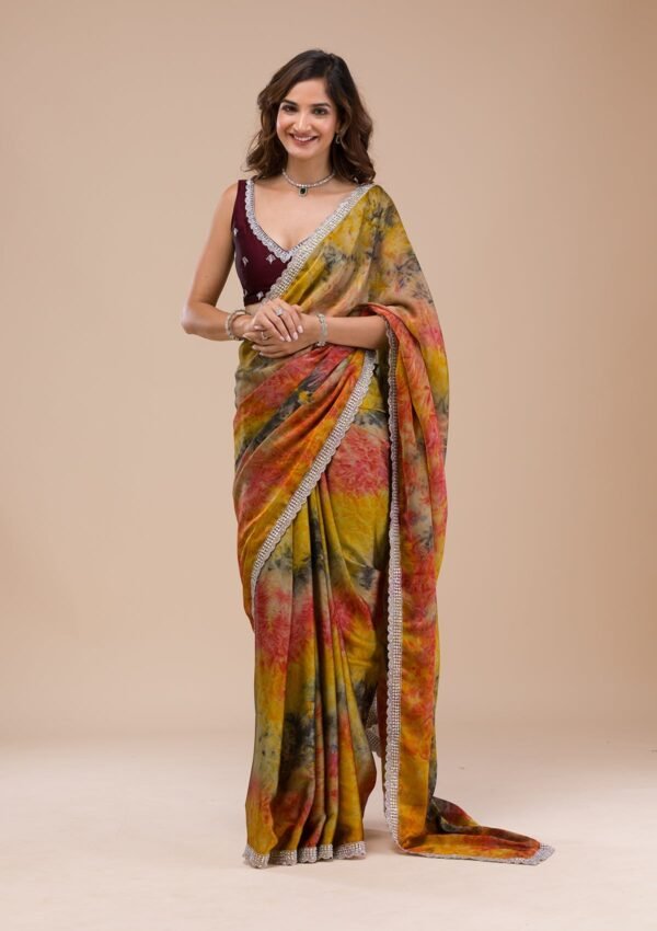 Vibrant Yellow Printed Semi Crepe Saree - Image 5