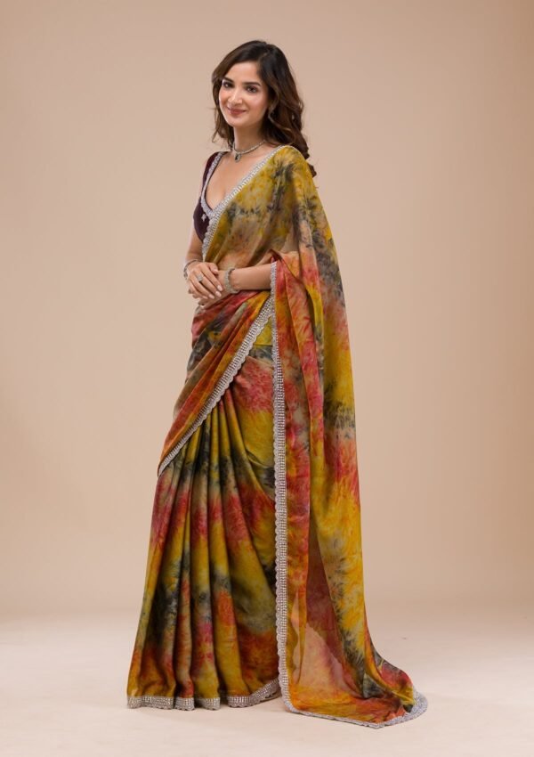 Vibrant Yellow Printed Semi Crepe Saree - Image 3