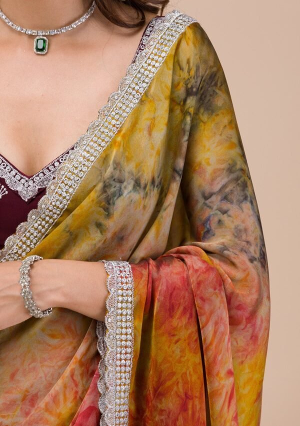 Vibrant Yellow Printed Semi Crepe Saree - Image 8