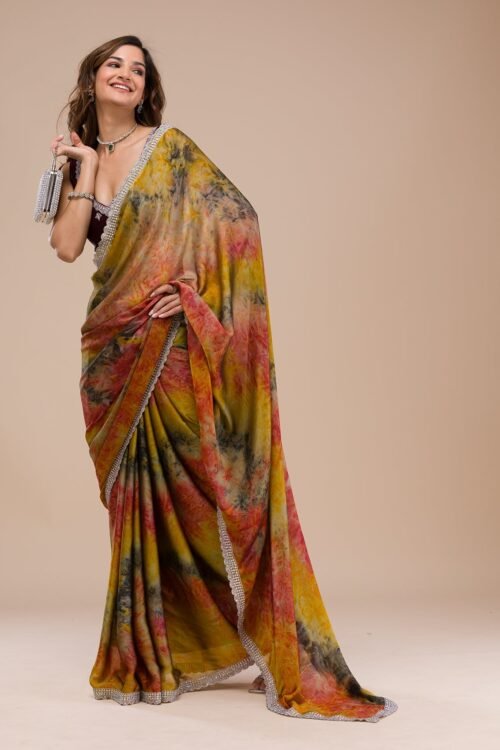 Vibrant Yellow Printed Semi Crepe Saree