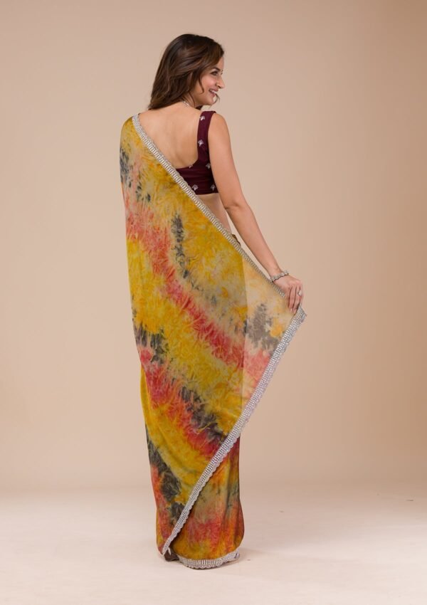 Vibrant Yellow Printed Semi Crepe Saree - Image 2