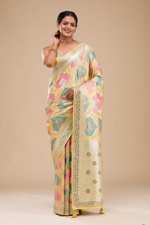 Radiant Yellow Banarasi Silk Saree with Intricate Stonework