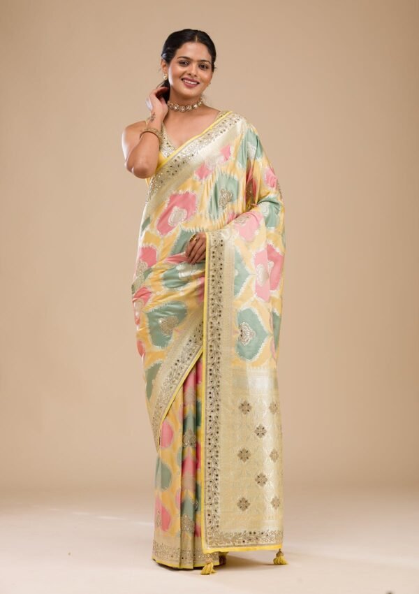 Radiant Yellow Banarasi Silk Saree with Intricate Stonework