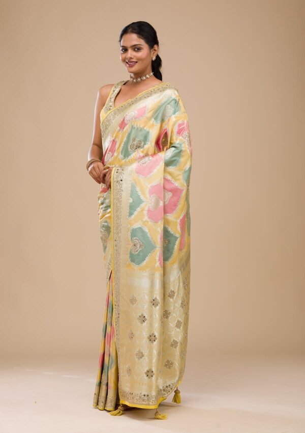 Radiant Yellow Banarasi Silk Saree with Intricate Stonework - Image 3