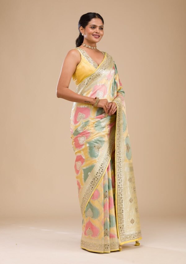 Radiant Yellow Banarasi Silk Saree with Intricate Stonework - Image 4