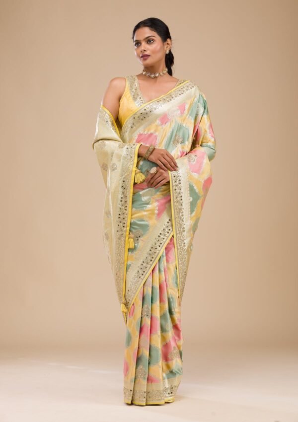 Radiant Yellow Banarasi Silk Saree with Intricate Stonework - Image 5