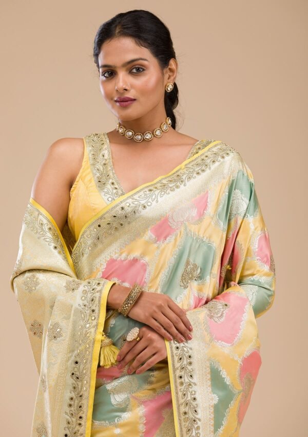 Radiant Yellow Banarasi Silk Saree with Intricate Stonework - Image 6