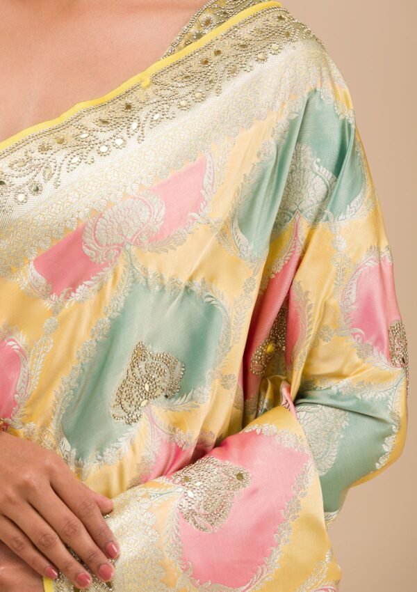 Radiant Yellow Banarasi Silk Saree with Intricate Stonework - Image 7