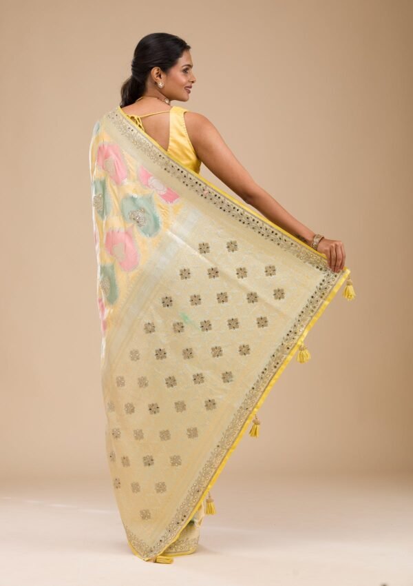 Radiant Yellow Banarasi Silk Saree with Intricate Stonework - Image 2